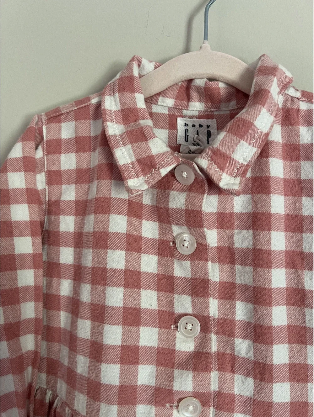 Vintage 90s Baby Gap Pink White Flannel Button Front Long Sleeve Dress